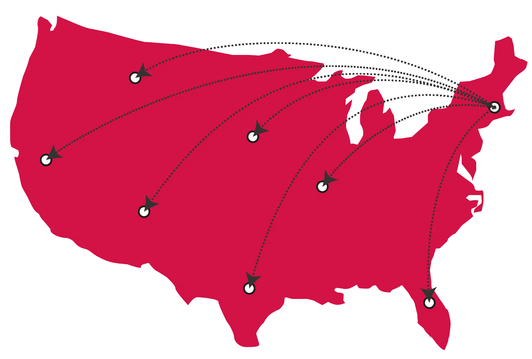 Map of the united states with 7 directional arrows originating in Massachusetts and landing in various spots across the country.